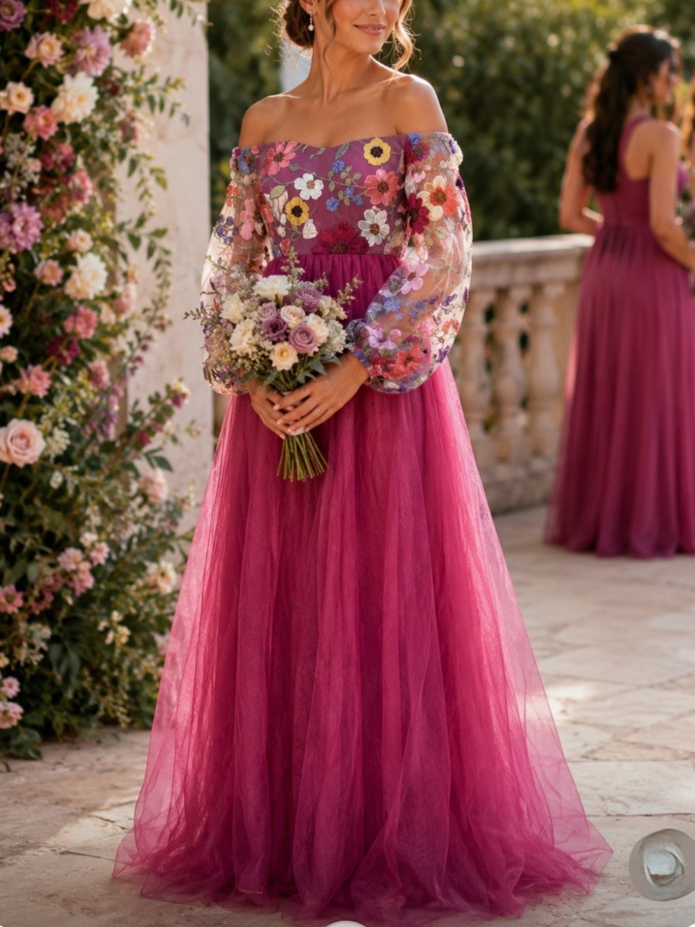 Off-Shoulder Floral Embroidered Tulle Gown in Berry
